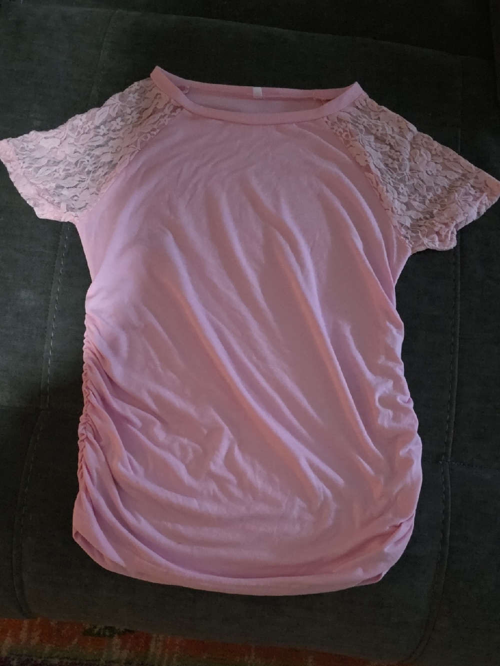 Amazon Pink Lace Sleeve Ruched Short Sleeve Tee
